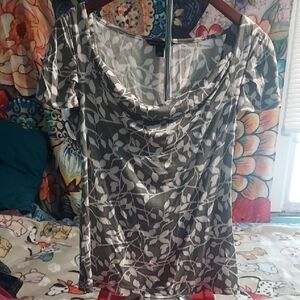 Gray Leaf Print Draped Neck Top